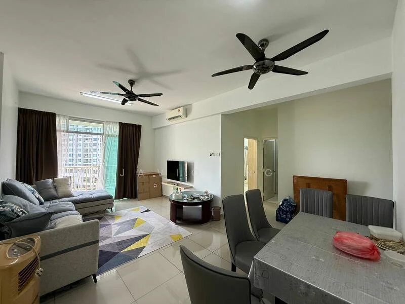 Living features: 2-seater fabric sofa in grey, 3-blade ceiling fan, 3-blade ceiling fan, wall-mounted TV, coffee table, area rug with geometric pattern, floor-to-ceiling windows with sheer curtains, tile flooring, decorative mirror, dining table with grey upholstered chairs; style: modern; view: city. Dining features: dining table with grey upholstered chairs, tile flooring; style: modern.
