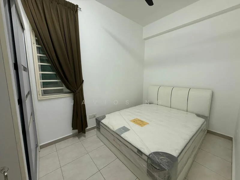 Bedroom features: queen-size bed, upholstered headboard, white bed frame, brown curtain, tile flooring, white painted walls, ceiling fan, window with grille, mattress with plastic cover; style: modern.