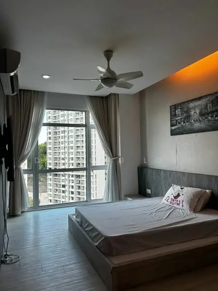 Bedroom features: king-size bed, upholstered headboard, floor-to-ceiling windows, sheer curtains, 5-blade ceiling fan with light, wall-mounted TV, light wood flooring, decorative wall art, built-in wardrobe, recessed lighting; style: modern; view: city.