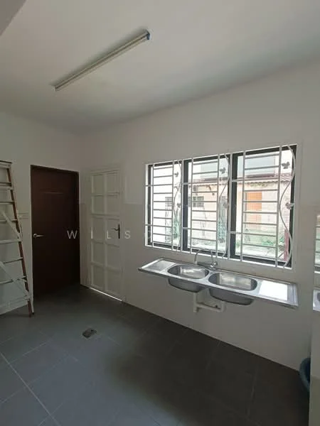 Laundry features: double-bowl stainless-steel sink, chrome pull-down faucet, white tiled walls, grey floor tiles, window with metal grilles, shelving unit, door to hallway, natural light from window; style: modern; view: garden.