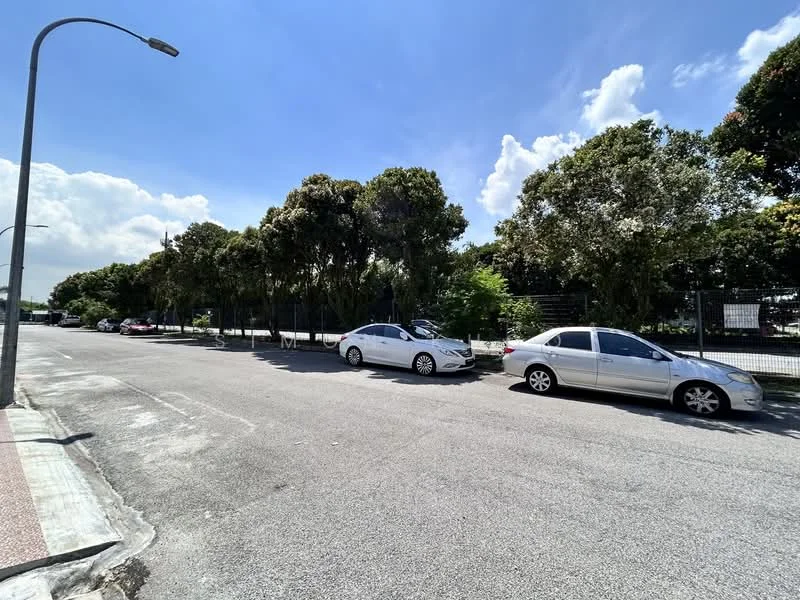 Exterior features: tree-lined street, asphalt road, parked cars, clear blue sky, sidewalk, street lamp.