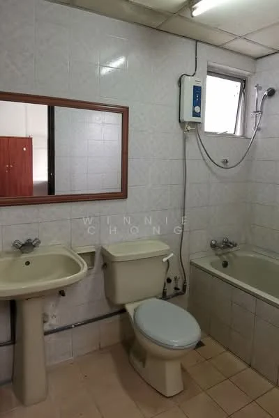 Bathroom features: white tiled walls, cream tiled flooring, single-sink vanity with pedestal, chrome basin mixer faucet, one-piece toilet, bathtub with showerhead, framed mirror, window for natural light, water heater unit.