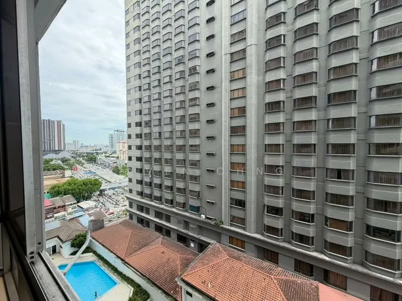 Exterior type: high-rise condominium; features: swimming pool, surrounding buildings, city skyline, flat roof, manicured landscaping, parking area, multiple storeys, balconies on upper floors; style: modern.