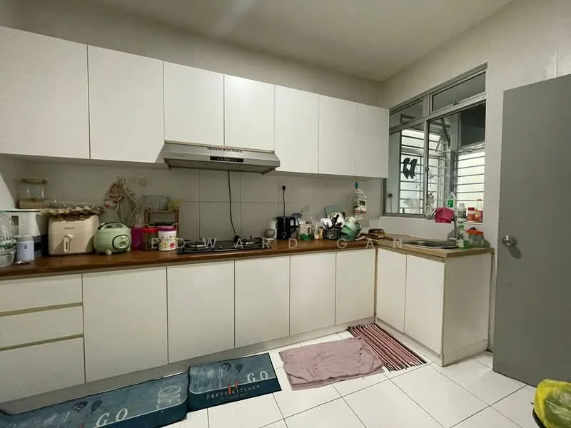 Kitchen features: white cabinetry, wood countertop, stainless-steel range hood, single-bowl stainless-steel sink, chrome pull-down faucet, built-in oven, freestanding range oven, ceramic tile flooring, window with metal grille, various kitchen appliances, dish drying rack, kitchen towels, open shelving, countertop clutter; style: modern.