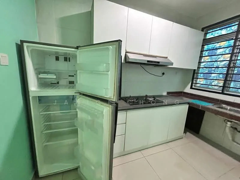 Kitchen features: white cabinetry, grey countertop, stainless-steel sink, chrome faucet, built-in gas hob, exhaust hood, fridge, tile flooring, green painted walls, window with decorative glass, wall-mounted power outlet; style: modern.