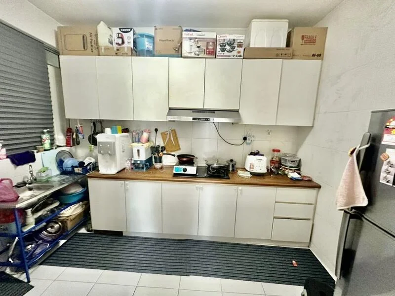 Kitchen features: white cabinetry, wood countertop, stainless-steel range hood, built-in stove, microwave, water dispenser, multiple kitchen appliances, sink with faucet, tile backsplash, grey tiled flooring, open shelving, kitchen utensils, boxes on top of cabinets; style: modern.
