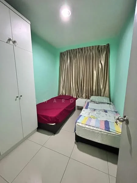 Bedroom features: two single beds, one bed with maroon bedding, one bed with patterned bedding, light green painted walls, floor-to-ceiling window with beige curtains, white built-in wardrobe, tiled flooring, ceiling light fixture.