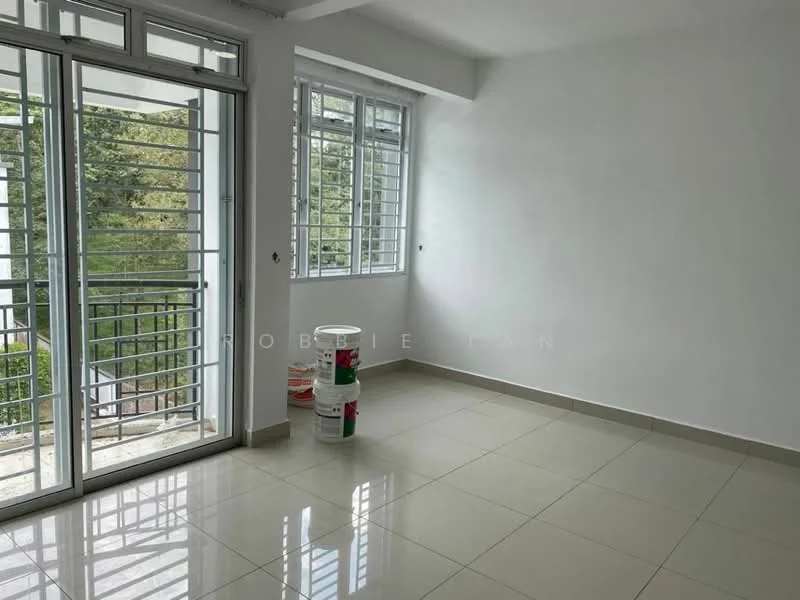 Room features: white painted walls, glossy ceramic tile flooring, large windows with metal grills, two sliding glass doors, neutral color scheme, unfurnished space, buckets of paint, natural light from windows; style: modern; view: garden.