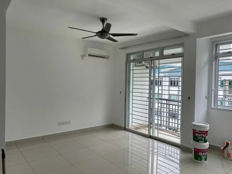 Living features: white painted walls, glossy ceramic tile flooring, 5-blade ceiling fan with light, sliding glass door, floor-to-ceiling windows, air conditioning unit, balcony view, two buckets of paint; style: modern; view: courtyard.