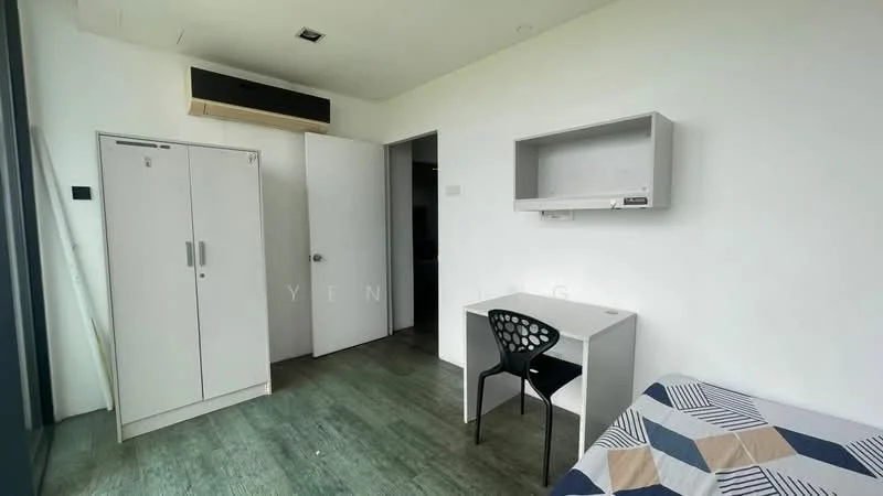 Bedroom features: single bed with patterned bedding, white walls, wooden flooring, built-in wardrobe with sliding doors, study desk with chair, window with natural light, air conditioning unit, door leading to hallway; style: modern.