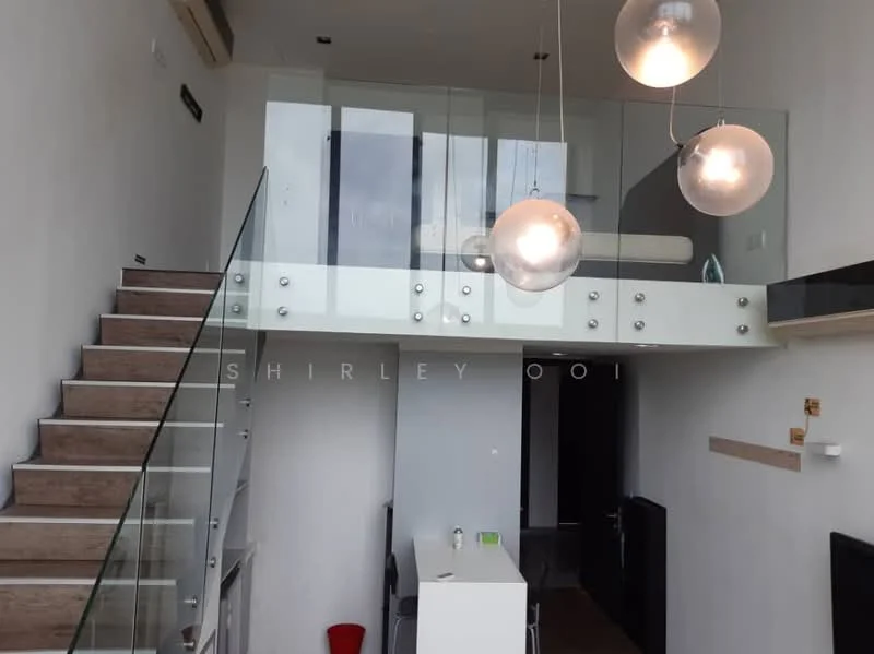 Room features: glass railing, wooden staircase, pendant lighting, white walls, high ceiling, open space, modern decor, minimalist design; style: modern.