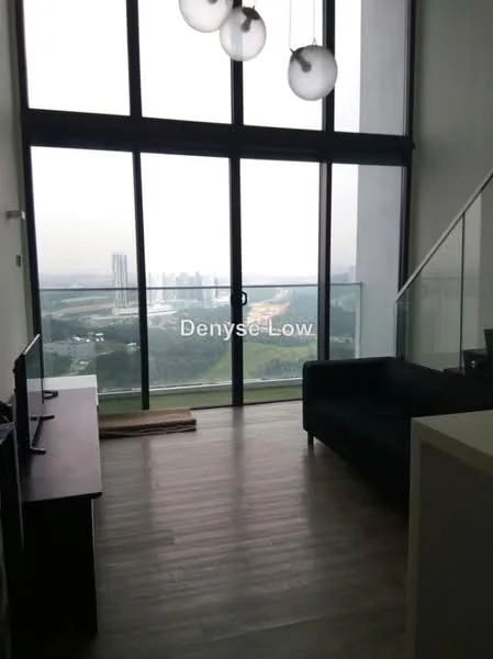 Living features: floor-to-ceiling windows, glass balcony railing, dark fabric sofa, wooden flooring, TV console, city skyline view, hanging pendant lights; style: modern; view: city.