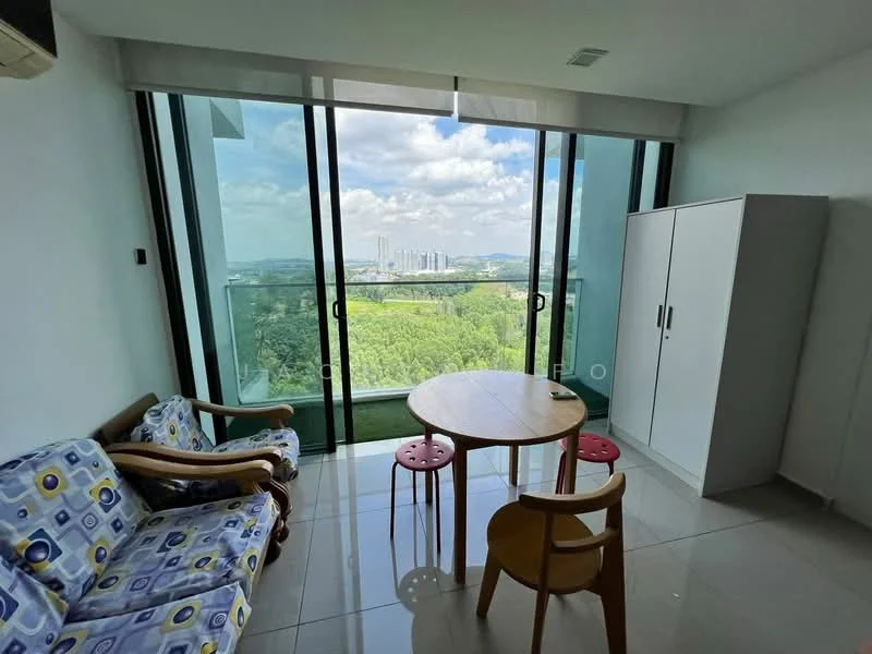 Living features: floor-to-ceiling windows, white painted walls, glossy tile flooring, round dining table, two red stools, sofa with patterned upholstery, air conditioning unit, view of greenery and city skyline; style: modern; view: city.
