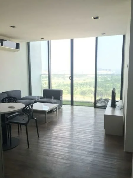 Living features: floor-to-ceiling windows, grey fabric sofa, black dining chairs, round dining table, coffee table, TV console, wooden flooring, recessed downlights, balcony view; style: modern; view: garden.
