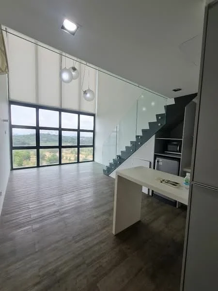 Living features: large floor-to-ceiling windows, wooden flooring, white painted walls, recessed downlights, 3 pendant lights, open-plan layout, glass staircase, kitchen island, stainless-steel fridge, built-in microwave, built-in oven; style: modern; view: garden.