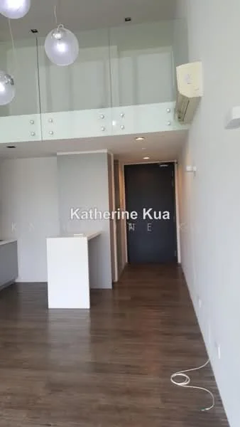 Living features: wooden flooring, white painted walls, exposed ceiling with pendant lights, wall-mounted split AC, open layout, doorway leading to hallway, kitchen area visible in background, large windows for natural light; style: modern.