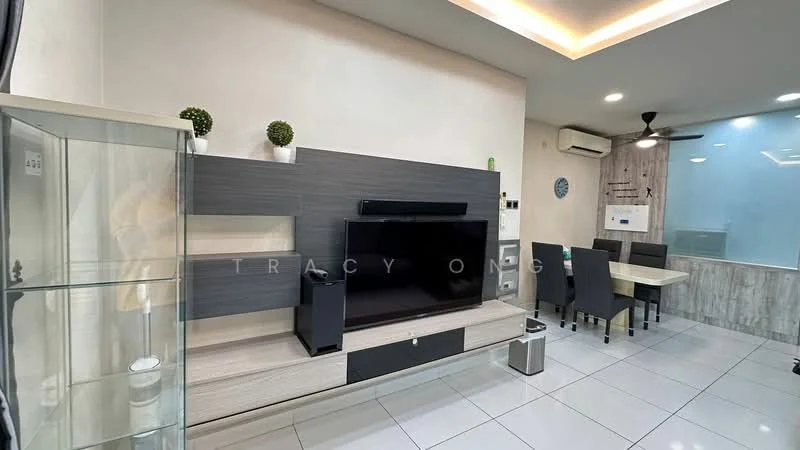 Living features: grey accent wall, white painted walls, glossy white tile flooring, recessed downlights, wall-mounted TV, TV console with storage, glass display cabinet, ceiling fan, dining table with chairs, open layout to dining area; style: modern.