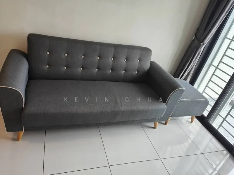 Living features: grey fabric sofa with button tufting, wooden legs, white walls, large sliding glass door, floor-to-ceiling windows, sheer curtains, glossy white tile flooring; style: modern.