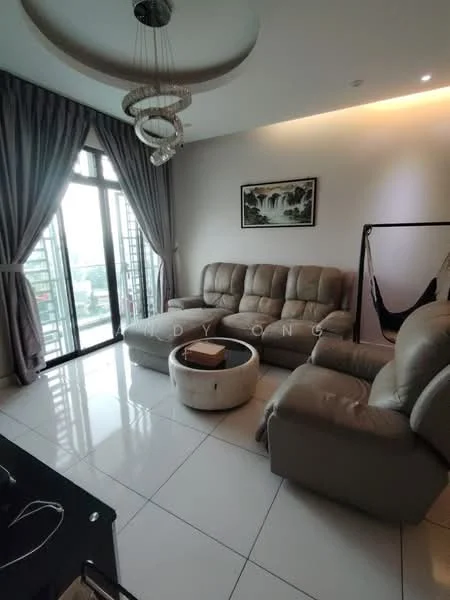 Living features: cream leather sectional sofa, round coffee table, large floor-to-ceiling windows, sheer curtains, chandelier with multiple bulbs, white painted walls, glossy tile flooring, wall-mounted TV, decorative artwork on wall, hammock stand; style: modern; view: city.