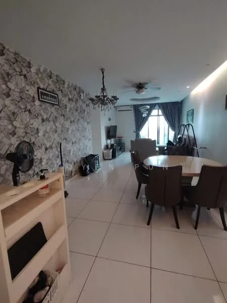 Living features: white painted walls, feature wall with stone cladding, polished tile flooring, chandelier, 5-blade ceiling fan, floor-to-ceiling windows, curtains, dining table with chairs, open layout, decorative wall art, fan, shelving unit; style: modern; view: garden.