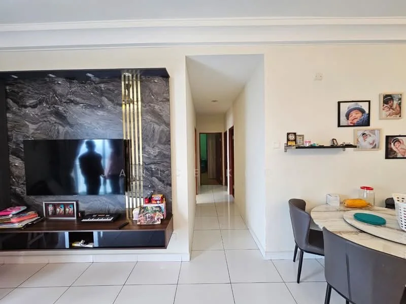 Living features: black marble feature wall, wall-mounted TV, dark wooden TV console, white tiled flooring, recessed lighting, round dining table, upholstered dining chairs, decorative wall shelf, framed photographs on wall; style: modern. Room features: white painted walls, doorway leading to hallway.