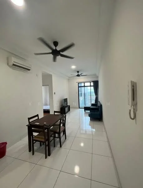 Living features: white painted walls, glossy white tile flooring, 5-blade ceiling fan with light, 2-seater fabric sofa in blue, dining table for 4 with wooden chairs, wall-mounted TV, air conditioning unit, sliding glass door, curtains, decorative wall panel, telephone intercom; style: modern.