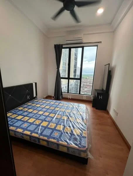 Bedroom features: queen-size bed with patterned mattress, wooden flooring, floor-to-ceiling windows, blackout curtains, wall-mounted TV, ceiling fan, air conditioning unit, decorative wall, light-colored walls; style: modern; view: city.