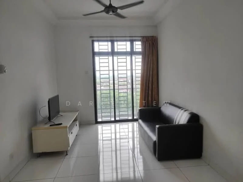 Living features: black leather sofa, white TV console, wall-mounted TV, floor-to-ceiling windows, curtains in beige, white painted walls, glossy white tile flooring, ceiling fan with light; style: modern; view: city.