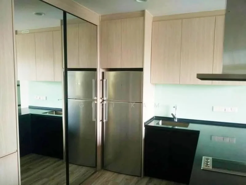 Kitchen features: stainless-steel fridge, black countertop, light wood cabinetry, mirror wall, built-in oven, stainless-steel range hood, single-bowl stainless-steel sink, chrome pull-down faucet, vinyl plank flooring, green backsplash, recessed downlights; style: modern.