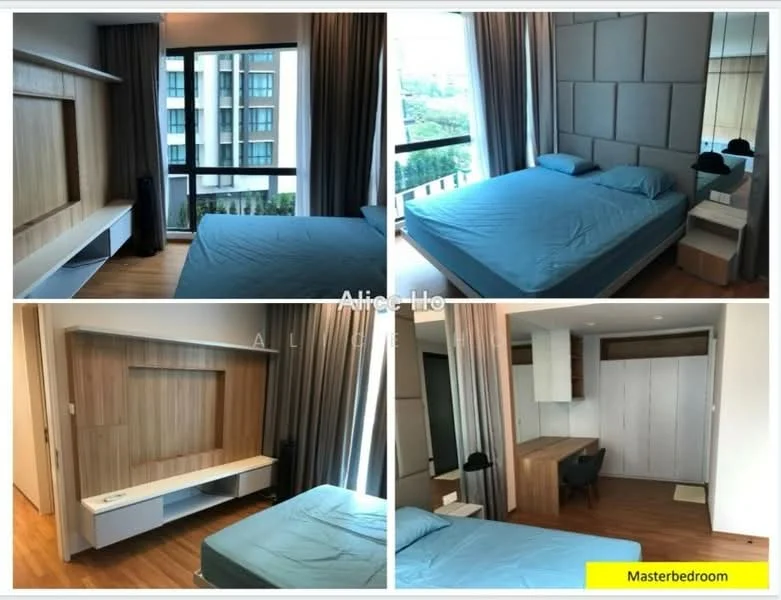 Bedroom features: king-size bed with blue bedding, upholstered headboard, built-in wardrobe with sliding doors, wooden flooring, floor-to-ceiling windows, curtains, wall-mounted shelf, nightstand with lamp, study desk, decorative wall paneling; style: modern; view: city.
