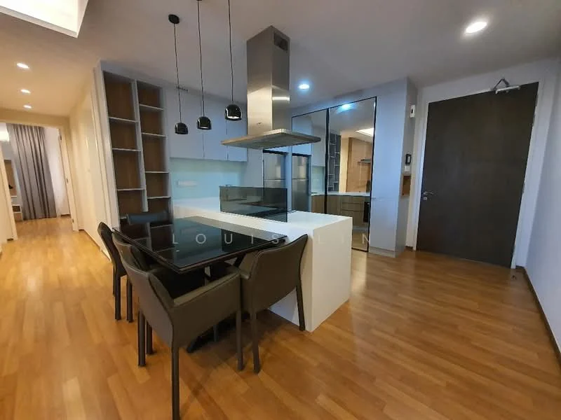 Kitchen features: island countertop with seating, black glass dining table, 4 upholstered dining chairs, stainless-steel range hood, built-in oven, glass backsplash, wooden cabinetry, laminate flooring, recessed downlights, pendant lighting above dining table; style: modern.