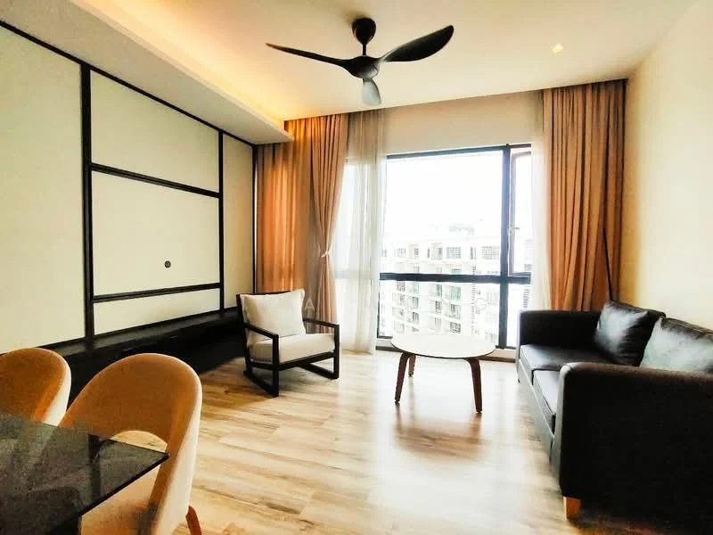 Living features: 3-seater fabric sofa in dark grey, armchair with wooden frame, round wooden coffee table, floor-to-ceiling windows, sheer curtains, wooden flooring, ceiling fan with light, wall-mounted TV unit, decorative wall panel, recessed lighting; style: modern; view: city.
