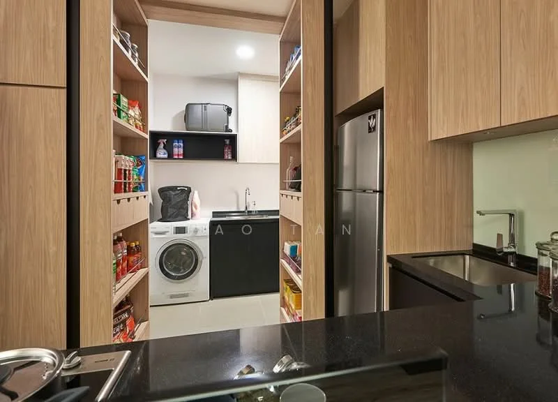 Laundry features: black countertop, stainless-steel sink, built-in cabinetry with wood finish, white washing machine, black dryer, pantry shelving with food items, refrigerator, tile flooring, recessed lighting; style: modern.