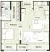 Floor plan: 2-bedroom 2-bathroom unit; features: open-plan kitchen-dining-living, master bedroom with ensuite bathroom, bedroom 2 with shared bathroom, balcony off living room, utility room, laundry area, central foyer, 1 car porch.