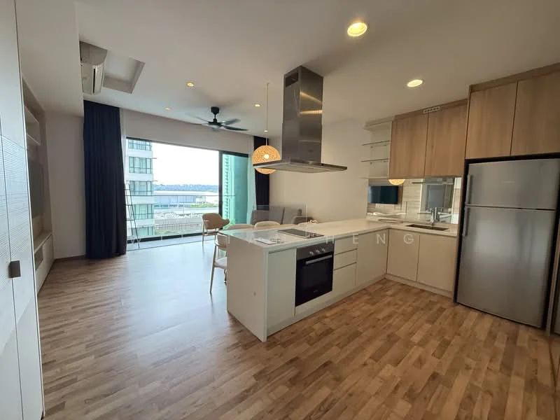 Kitchen features: white cabinetry, stainless-steel appliances, built-in oven, 4-burner gas hob, stainless-steel range hood, white quartz countertop, single-bowl stainless-steel sink, chrome pull-down faucet, open shelving, wooden flooring, recessed downlights, floor-to-ceiling windows, city view; style: modern; view: city. Living features: dining table with chairs, ceiling fan, wall-mounted TV, open layout, large windows, wooden flooring; style: modern; view: city.