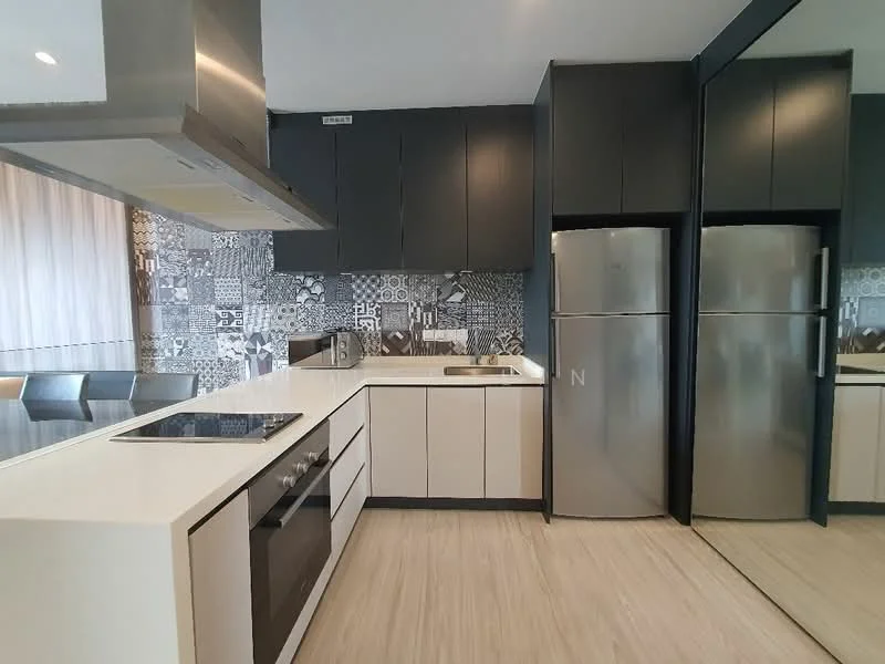 Kitchen features: stainless-steel double-door fridge, built-in oven, 4-burner gas hob, stainless-steel range hood, white laminate cabinetry, black countertop, mosaic tile backsplash, sink with chrome pull-down faucet, mirror panel on cabinetry, light-colored wood flooring, window with sheer curtains, dining table with grey upholstered chairs; style: modern.