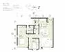 Floor plan: 2-bedroom 1-bathroom unit; features: open-plan kitchen-dining-living, master bedroom with ensuite bathroom, bedroom 2 with shared bathroom, utility room, balcony off living room, central foyer.