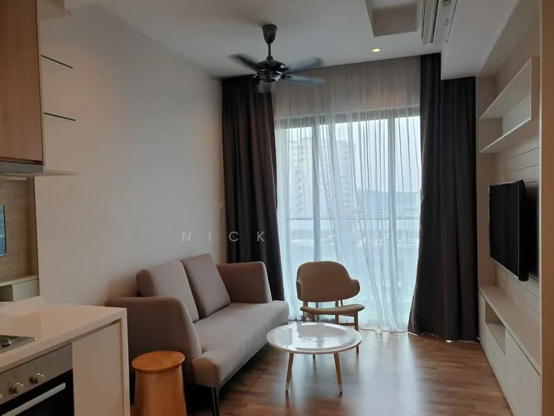 Living features: 3-seater fabric sofa in light grey, wooden coffee table, wooden side table, floor-to-ceiling windows, sheer curtains, dark grey curtains, ceiling fan with light, wall-mounted TV, built-in shelving unit, laminate flooring, neutral wall colour; style: modern; view: city.