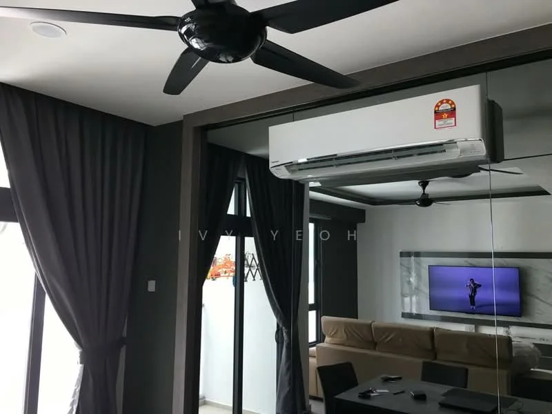 Living features: 5-blade ceiling fan, wall-mounted split AC, floor-to-ceiling windows, blackout curtains, grey accent wall, sofa in beige, wall-mounted TV, decorative mirror, coffee table, area rug; style: modern.