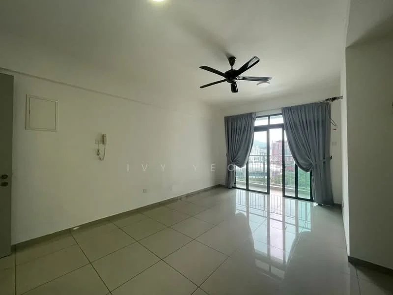 Living features: white painted walls, glossy tile flooring, 5-blade ceiling fan with light, floor-to-ceiling sliding glass door, curtains, balcony access, city view, recessed lighting; style: modern; view: city.