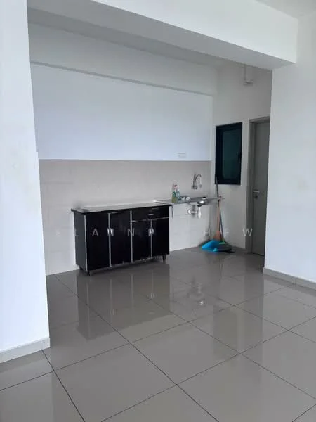 Kitchen features: white painted walls, grey tiled flooring, single-bowl stainless-steel sink, chrome pull-down faucet, dark wood cabinetry, countertop with backsplash, window with green view, door leading to hallway; style: modern.