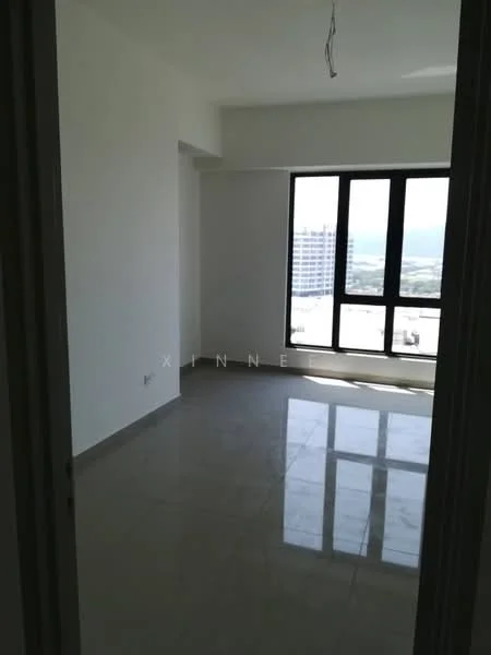 Room features: white painted walls, grey tile flooring, large floor-to-ceiling windows, city view, natural light, minimalist design, no visible furniture, single light fixture; style: modern; view: city.