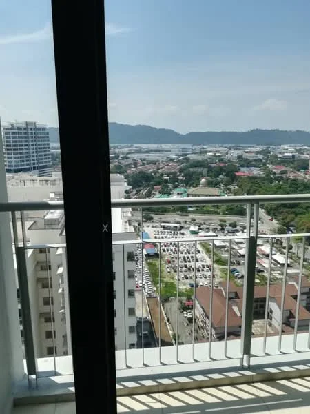 Room features: floor-to-ceiling windows, balcony with railing, city view, mountain view, tiled flooring, glass door, natural light, open space; style: modern; view: city.