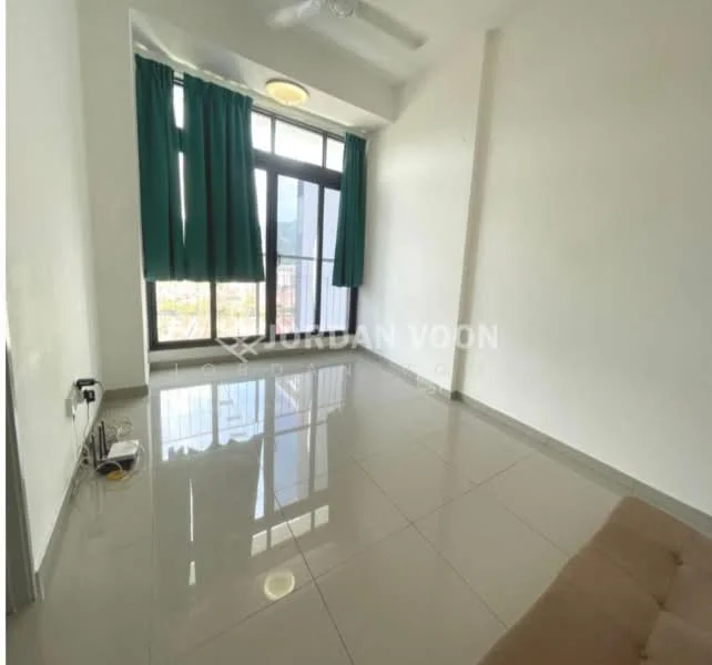 Living features: white painted walls, glossy ceramic tile flooring, 5-blade ceiling fan with light, floor-to-ceiling windows, green curtains, natural light, neutral color scheme, minimalist decor; style: modern; view: city.