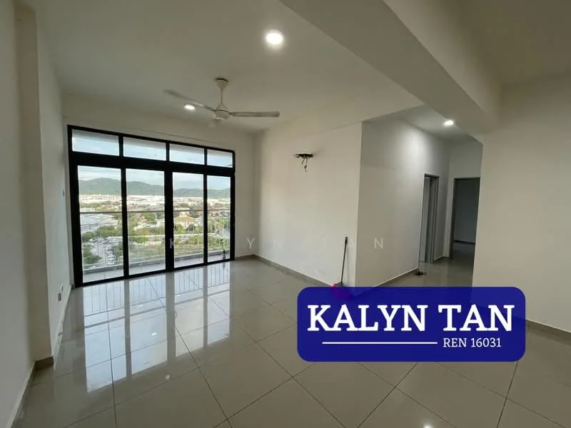 Living features: white painted walls, glossy ceramic tile flooring, 5-blade ceiling fan with light, floor-to-ceiling windows, sliding glass door, city view, recessed downlights, open layout; style: modern; view: city.