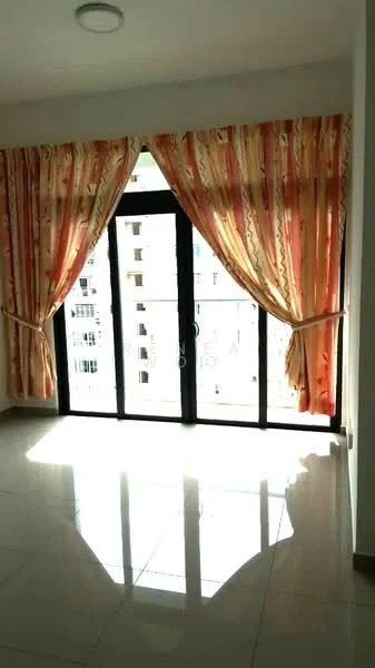 Room features: floor-to-ceiling windows, curtains with floral pattern, white walls, glossy tile flooring, recessed ceiling light; style: modern; view: city.