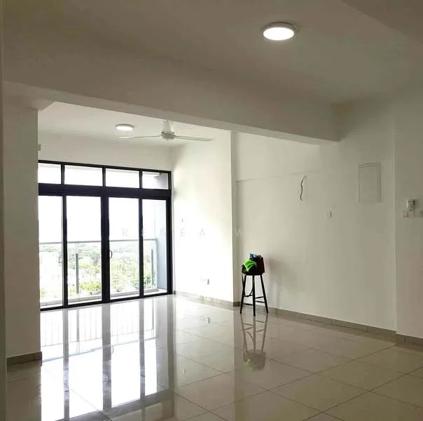 Living features: white painted walls, glossy ceramic tile flooring, recessed downlights, 5-blade ceiling fan, floor-to-ceiling windows, sliding glass door, balcony view, single stool, green decorative item; style: modern; view: city.