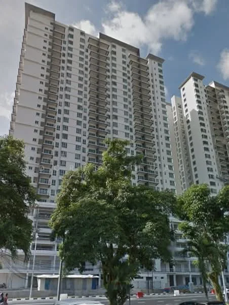 Exterior type: high-rise condominium; features: light grey painted facade, balconies on each floor, multiple storeys, surrounded by trees, urban setting, parking area visible at the base; style: modern.
