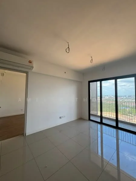 Living features: white painted walls, glossy tile flooring, floor-to-ceiling windows, sliding glass door, air conditioning unit, recessed downlights, two ceiling hooks for lighting, city view; style: modern; view: city.