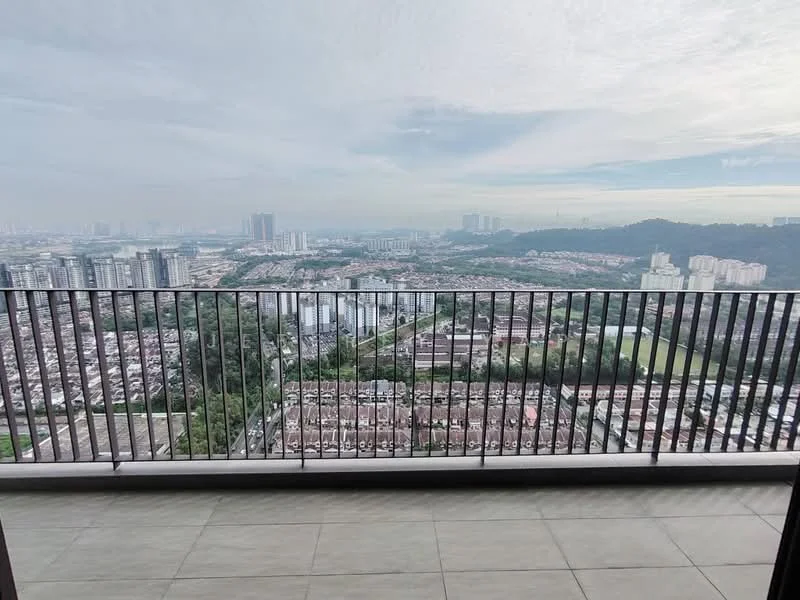 Room features: balcony with railing, city skyline view, mountain view, tiled flooring, glass sliding door, open space, high-rise building, panoramic view; style: modern; view: city.
